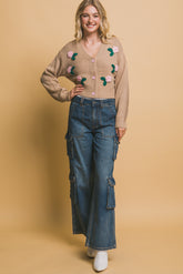 Khaki Mid Cropped Flower Detailed Cardigan Simmer & Fay